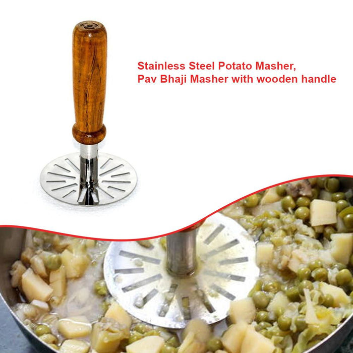 064 Stainless Steel Potato Masher, Pav Bhaji Masher with wooden handle Great Discount Now