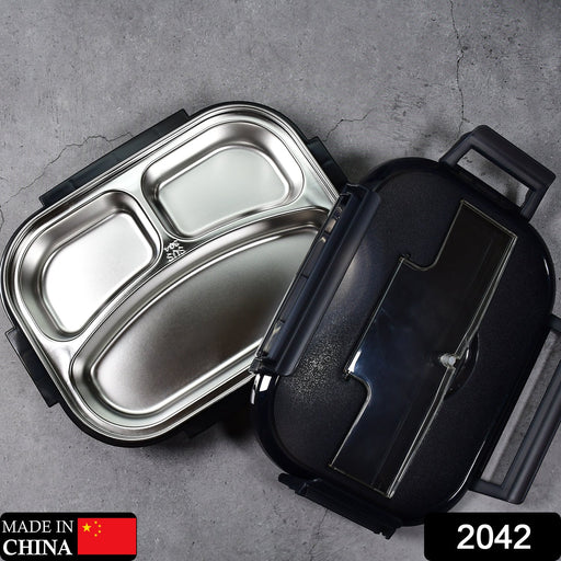 2042 Black Lunch Box for Kids and adults, Stainless Steel Lunch Box with 3 Compartments With spoon slot. 