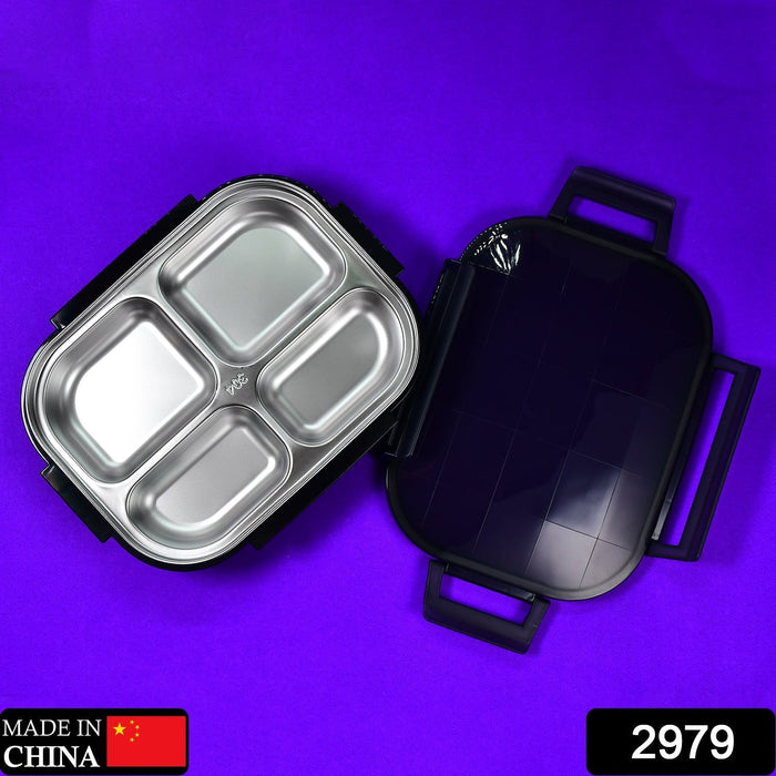 2979 Black Transparent 4 Compartment Lunch Box for Kids and adults, Stainless Steel Lunch Box with 4 Compartments. 