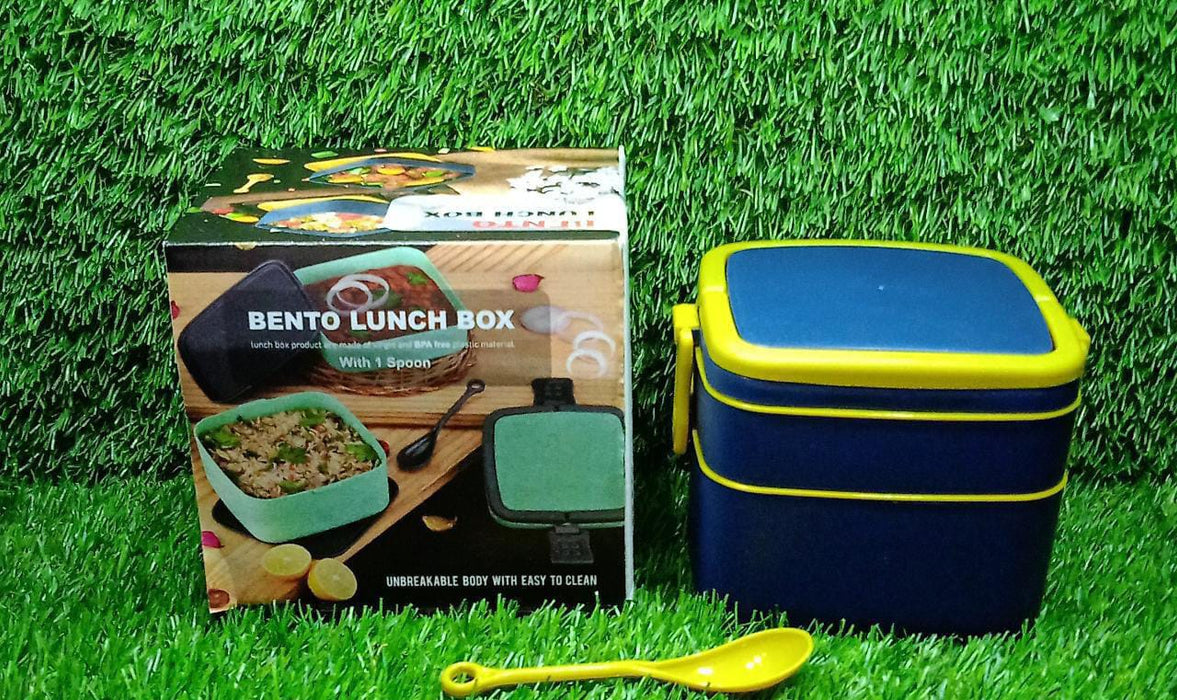 2868 BLUE DOUBLE-LAYER PORTABLE LUNCH BOX STACKABLE WITH CARRYING HANDLE AND SPOON LUNCH BOX , Bento Lunch Box