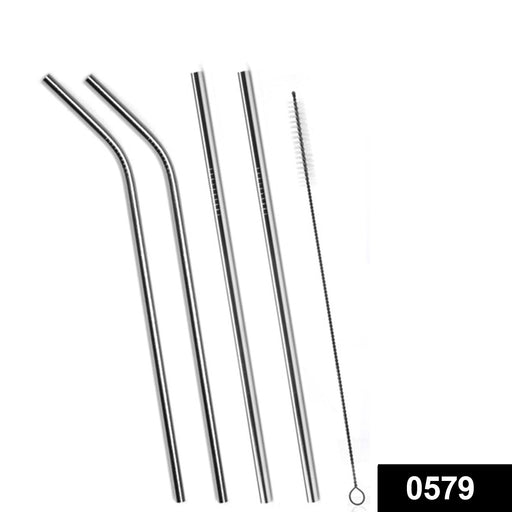 579 Set of 4 Stainless Steel Straws & Brush (2 Straight straws, 2 Bent straws, 1 Brush) Great Discount Now