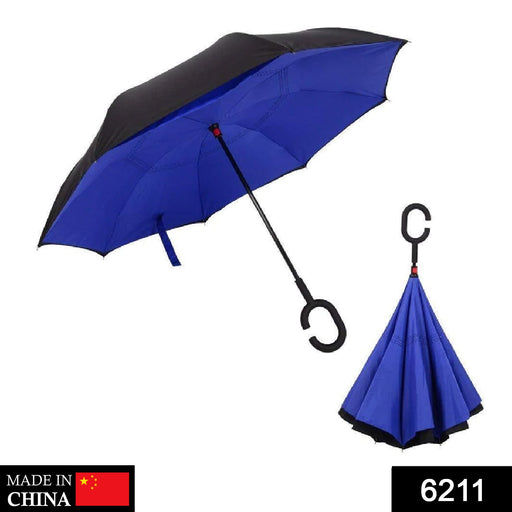 6211 Plain design Windproof Upside Down Reverse Umbrella with C-Shaped Handle 