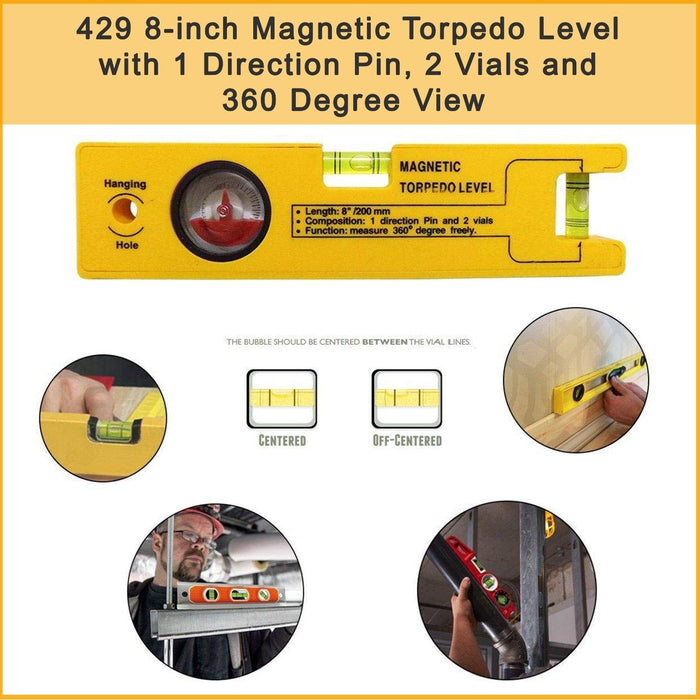 429 8-inch Magnetic Torpedo Level with 1 Direction Pin, 2 Vials and 360 Degree View 